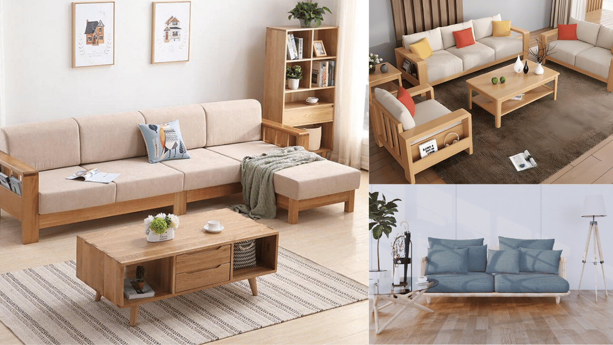 Mẫu bàn ghế gỗ kết hợp sofa phòng khách